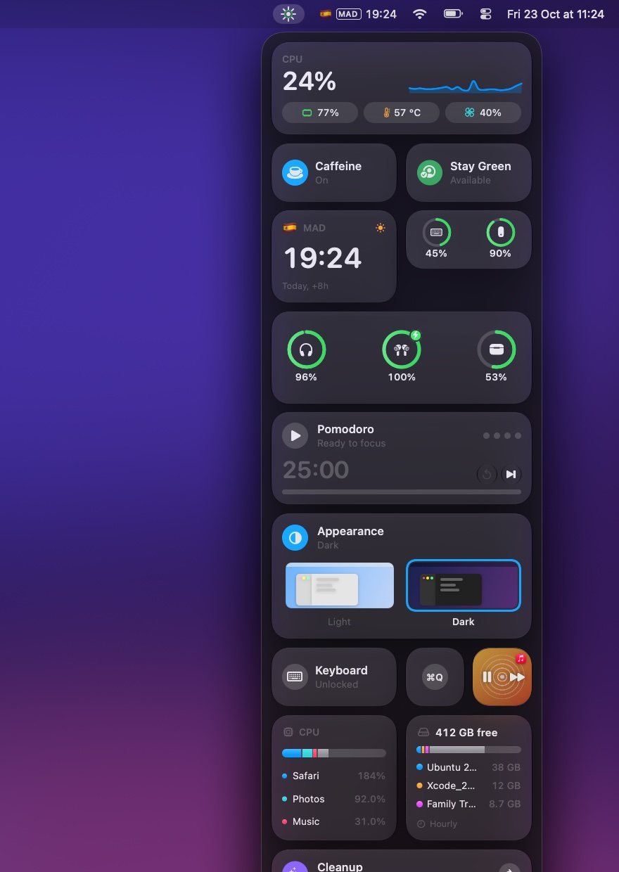 Lumina’s panel open below its menu bar icon, with CPU, Caffeine, Stay Green, a world clock, batteries, Pomodoro and Appearance